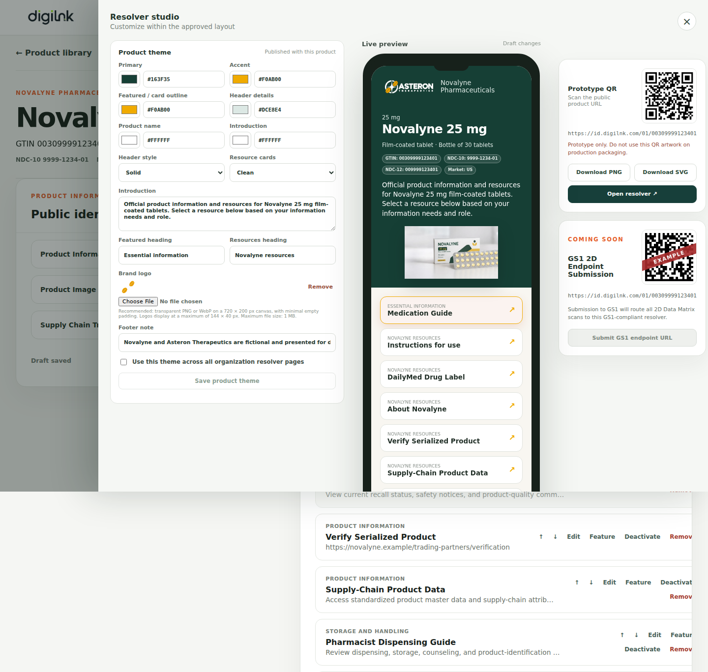 Digilnk product editor showing fictional product details and resolver presentation controls.