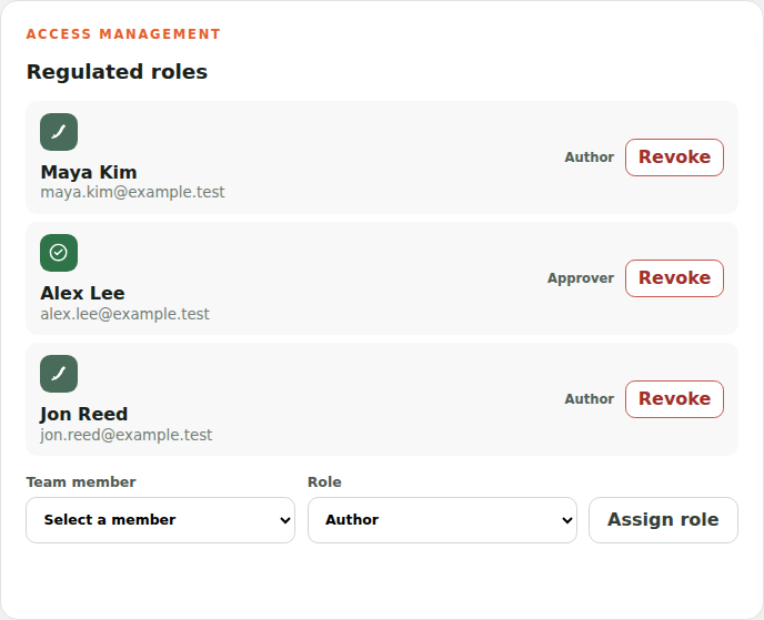 Digilnk team and regulated-role controls populated with fictional users.